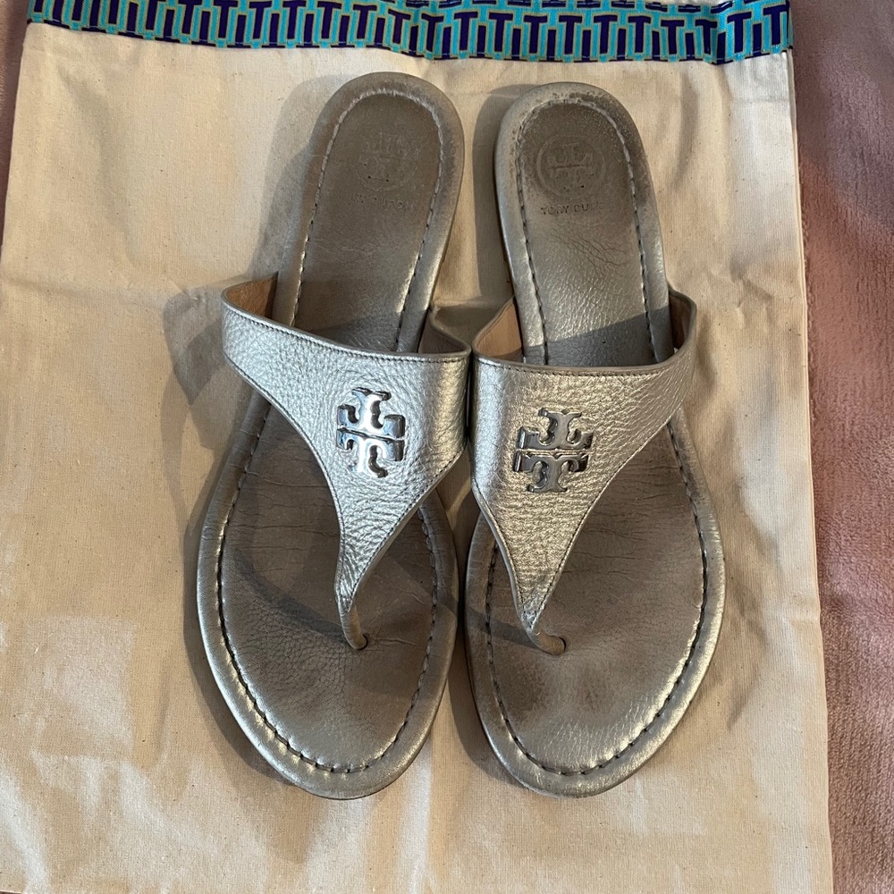 Silver “Tory Burch” flip flops